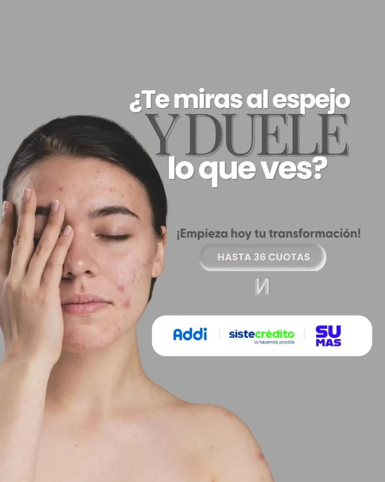 Anuncio de tratamiento para acné: '¿Te miras al espejo y duele lo que ves?'. Financiación hasta 36 cuotas con Addi, Sistecrédito y Sumas Pay.
